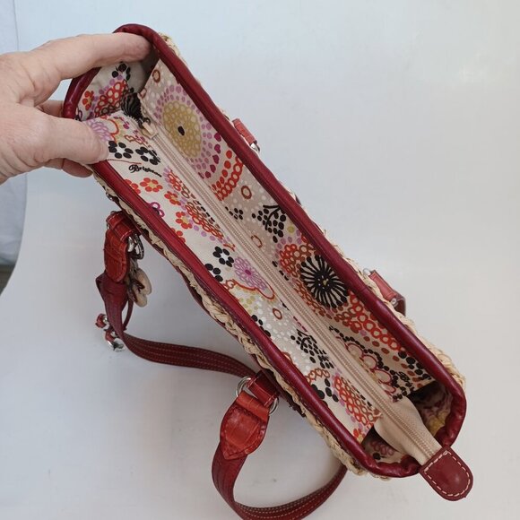 Brighton Bag Woven Natural Straw Red Croc Embossed Leather Floral Charm Dust Bag - Picture 7 of 14